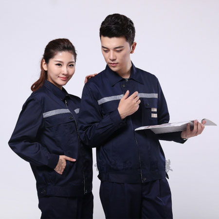 藏青拼米色滌棉線卡電工工作服套裝AC090-DG